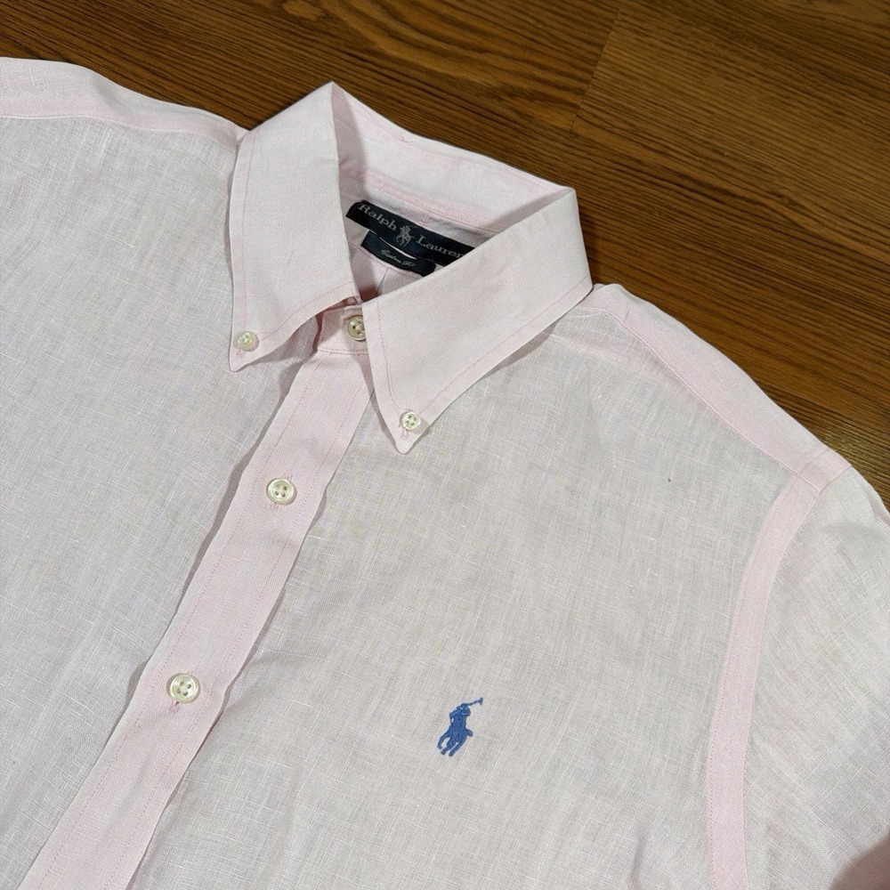 Polo Ralph Lauren 100% Linen Shirt Pink Mens Size Large Custom Fit Button Down